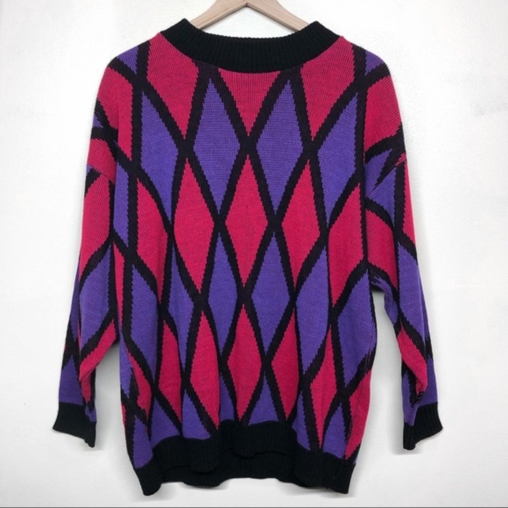 Vintage Color Block Diamond Pattern Dad Sweater